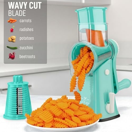 Rotary Cheese Grater Manual Hand Crank 5 Blade Shredder, Teal