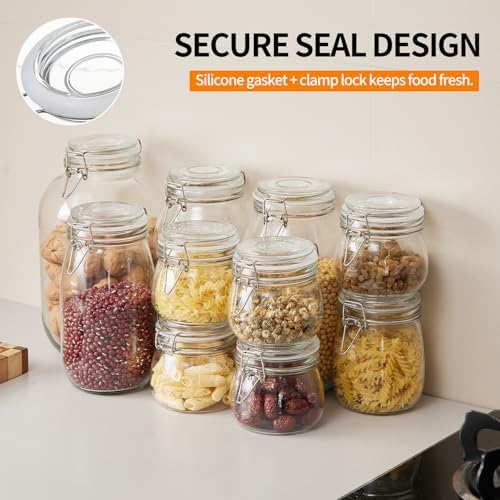 3 Pack 51oz Food Storage Jars with Airtight Lids, Preserving Seal Wire Clip Fastening Glass Containers, Canisters for Kitchen Organization, Flour, Cereal, Pasta, Sugar, Beans, Pickling Jars(51 Oz*3)