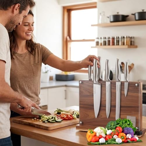 Acacia Wood Magnetic Knife Block with Double Sided Acrylic Shield, Freestanding Countertop Knife Holder Without Knives, Holds 10-12 Knives, Space Saving Kitchen Organizer