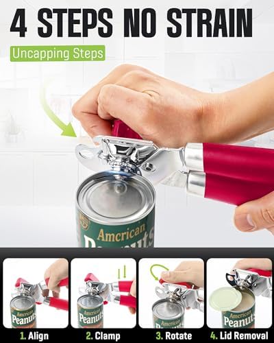 Multifunctional Can Opener Manual, Durable Heavy Duty Handheld Strong Can Opener with Smooth Cutting Edge, Friendly Kitchen Essentials Tool for Seniors, Camping and Bottle Opening-Red