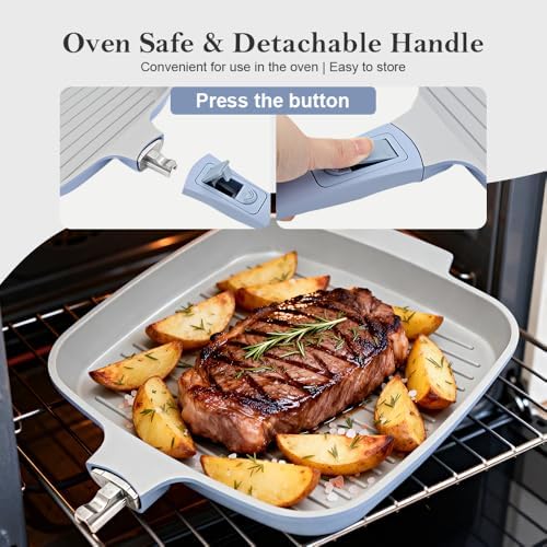 RANX INGST Nonstick Ceramic Griddle Pan with Lid, 10 Inch Steak Pan- Blue
