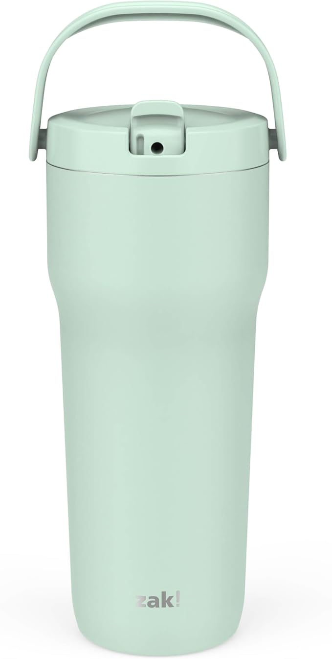 Zak Designs Sutton Travel Tumbler for On the Go, 30oz Stainless Steel with Vacuum Insulation, Straw Spout, Carry Handle for Cold Drinks (Icicle Mint Green)