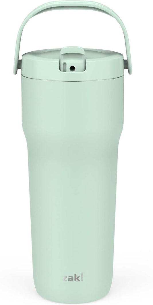 Zak Designs Sutton Travel Tumbler for On the Go, 30oz Stainless Steel with Vacuum Insulation, Straw Spout, Carry Handle for Cold Drinks (Icicle Mint Green)