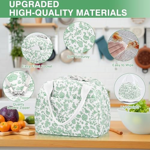 TESAFNG Lunch Bag - Insulated Lunch Box for Women, Reusable Large Capacity Cooler Bag for Adult, Small Leakproof Cute Corduroy Lunch Tote for Work Office Travel Picnic (Corduroy Green-Flower)
