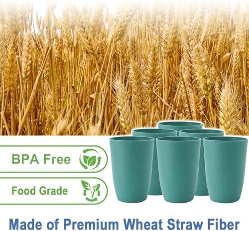 16 OZ Drinking Cups, Wheat Straw Cups Set of 6 - Reusable Water Cups, Unbreakable Plastic Drinking Glasses, Dishwasher Safe Tumbler Cups for Kitchen, Camping, RV -Green