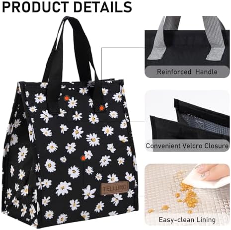 TELLUMO Black Daisy Lunch Bag, Insulated Cute Lunch Bags for Women, Small Reusable Leakproof Lunch Box Tote Container for Work Office Travel Beach