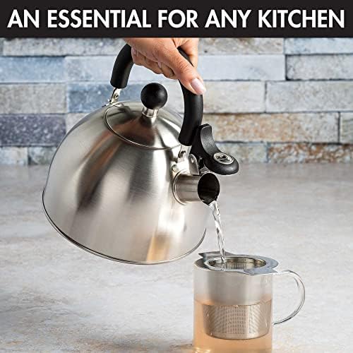 Primula Stewart Whistling Tea Kettle for Stovetop, Stainless Steel Stove Top Kettle with Fast Boil Whistling Spout and Cool Touch Folding Handle, 1.5-Quart, Brushed Silver with Black Handle