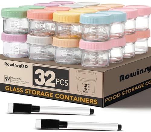 RowinsyDD 32 Pack Baby Food Containers, 4 oz Glass Baby Food Jars with Lids