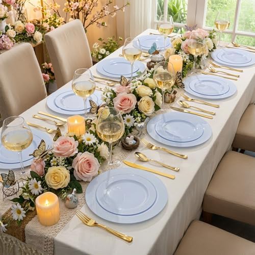 FLOWERCAT 60PCS Light Blue Heavy Duty Plastic Disposable Party Plates Set – 30pcs 10.25″ Dinner & 30pcs 7.5″ Dessert Plates – Durable Blue Tableware for Easter Parties, Wedding, BBQ & Baby Shower