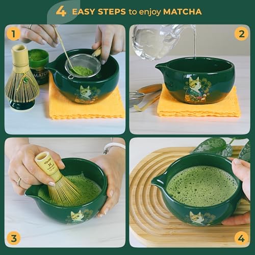 Cat Matcha Set Green, Bowl with Whisk Holder Scoop Sifter and Cloth, Japanese Tea Ceremony Kit, Unfurl Gift Box