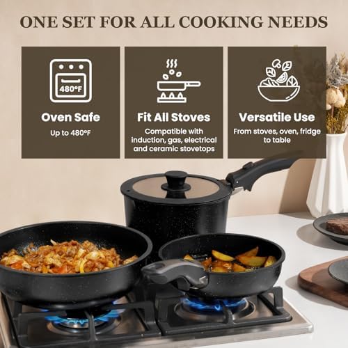 Nonstick Pots and Pans Set - 20 Pack KIKCOIN Stackable Cookware Set with Detachable Handle, RV Kitchen Cooking Set with Removable Handles - Oven Safe, Induction Ready (Black)