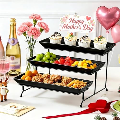 MALACASA 3 Tier Serving Trays for Party, Stoneware Serving Platters and Trays, 14 Inch Tiered Tray Stand, Fruit Tray, Trays for Serving Food, Black Dessert Stand with Collapsible Sturdier Metal Rack