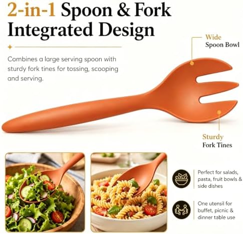 Reusable Plastic Salad Serving Utensils of 12, 10" Wheat Straw Large Salad Server Set Spoons/Slotted Spoons/Sporks, for Party Buffet Catering (Orange/Blue/Yellow/Green, Not for Cooking)