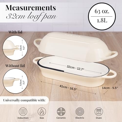 Enamelled Cast Iron Bread Loaf Pot – Dutch Oven For Sourdough Bread Baking – Oven Safe Non Stick Bread Pot – Rectangular, Cream, 34cm x 16cm – by Nuovva