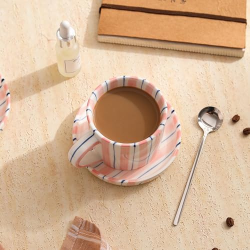 Hand-Painted Ceramic Coffee Mug and Saucer Set, 8 oz Artisan Striped Porcelain Espresso Cup, Decorative Tea Cup with Large Handle for Home, Office,Pink