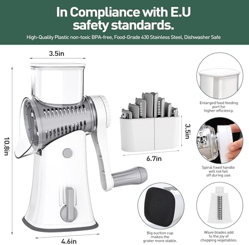 APSARAS USA Cheese Grater Hand Crank, Rotary Cheese Grater, 5 in 1 Rotary Grater, Cheese Shredder Replaceable Stainless Blades with Strong Suction Base, Easy to Clean Kitchen Gadgets with Storage Box