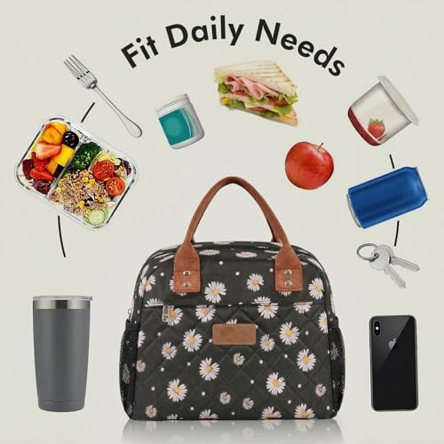 HOMESPON Insulated Lunch Bag for Women Men, Cooler Tote Box, Black Daisy