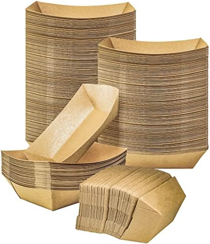 100 Pack 2lb Paper Food Trays, Heavy-Duty Paper Food Boat Disposable Serving Basket Tray for French Fries Nachos Snack Hot Dog Taco BBQ Popcorn Party Picnic Wedding Party (Brown)