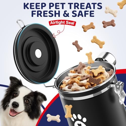 ENONCI Airtight Dog Treat Canister, 304 Stainless Steel Food Storage Jar with Date Dial Black-1.5L