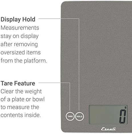 Escali Arti Glass Food Scale Digital Countertop Kitchen, Baking and Cooking Scale with Nutrition and Calorie Counter, 15-Pound Capacity, 9" x 6.5" x .75", Gray Storm