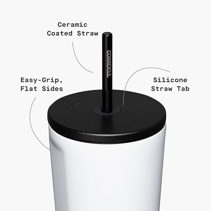 Corkcicle Cold Cup Insulated Tumbler with Straw - Keeps Drinks Cold for 12 Hours - Triple-Insulated Stainless Steel - Leak-Resistant Lid - Summer Drinkware Gift - 24 oz - Gloss White