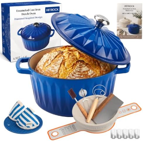 HITROCK Enameled Cast Iron Dutch Oven with Lid, 4.9 Quarts, Blue, Diamond-Inspired Design, Oven Safe up to 500°F, for Bread Baking, Braising, Stews, Roasting, Includes Complete Sourdough Bread Baking Supplies, Bread Making Tools Kit