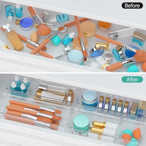 6 Pack Clear Drawer Organizer Set, Drawer Storage Trays, Storage Bins