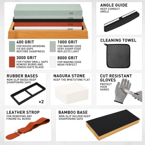 10-Piece Knife Sharpening Stone Set, Professional Whetstone 4 Side 400/1000 3000/8000 Grit, Whetstone Knife Sharpener Stone Kit, Non-slip Base, Leather Strop, Nagura Stone and Angle Guide