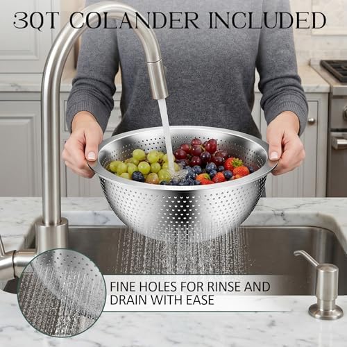 DUTZUN Stainles Steel Mixing Bowls with Lids Set, Stackable Metal Mixing & Serving Bowl with Strainer, 5-Piece - Beige