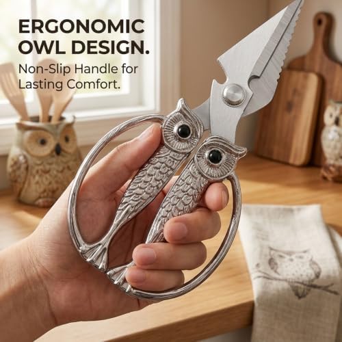XSNBRD All Purpose Kitchen Shears, Nickel Stainless Owl Scissors Large