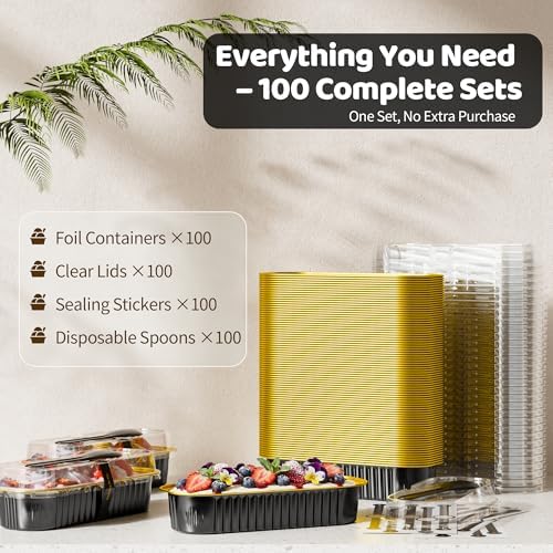 100 Pack Mini Loaf Pans with Lids and Spoons, 6.8oz Mini Cake Pans for Baking, Disposable Rectangle Aluminum Foil Small Loaf Baking Pans Cake Tins, Individual Small Cake Containers with Sticker, Black
