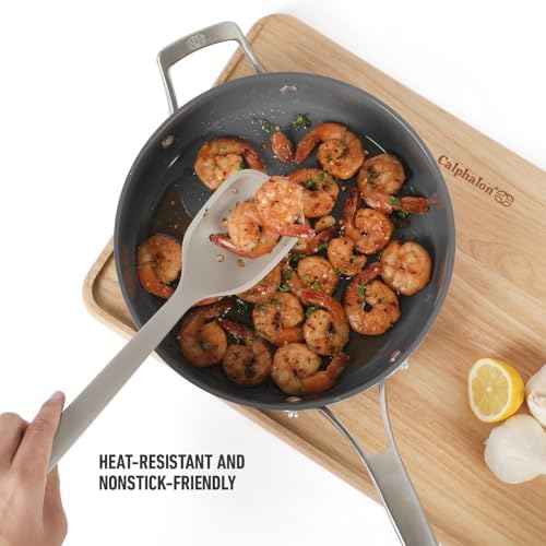 Calphalon Edge Silicone Slotted Spoon/Skimmer, Flexible Heat-Resistant Kitchen Strainer Spoon for Cooking, Frying, Skimming, Draining & Serving, Taupe