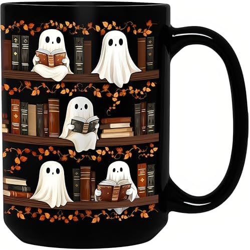 Halloween Ghost Reading Coffee Mug, Bookshelf Tea Cup, Black, 15oz