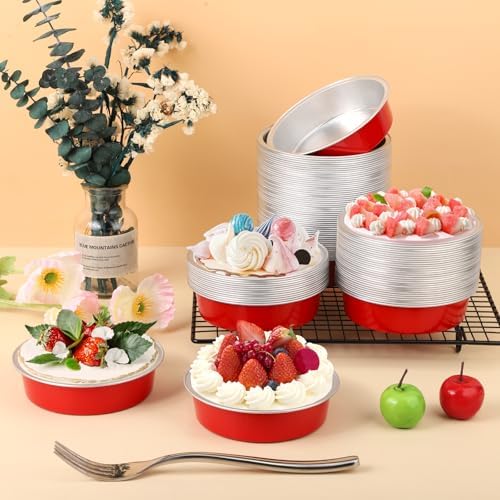 Beasea Disposable Baking Cups, 200 Pack 7.3oz 215ml Aluminum Ramekins Foil Baking Cups 4" Ramekin Cup No Lids Cupcake Aluminum Mini Baking Cups for Party - Bright Red