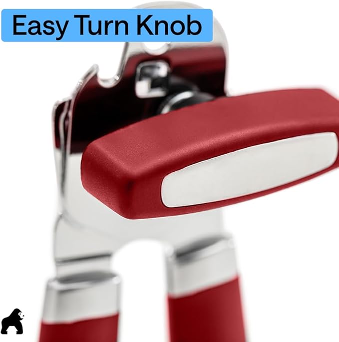 GORILLA GRIP Heavy Duty Stainless Steel Smooth Edge Manual Can Opener and Bottle Openers, Soft Comfortable Handle, Oversized Handheld Turn Knob, US Designed Multifunctional Kitchen Tool, Red