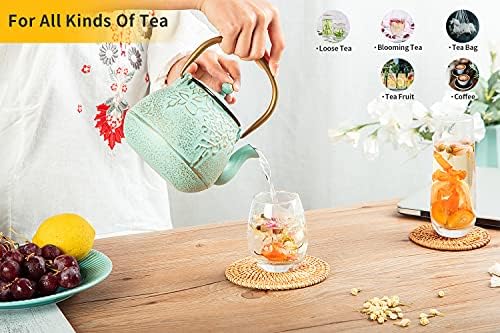 TOPTIER Japanese Cast Iron Tea Kettle with Stainless Steel Infuser, Cast Iron Teapot Stovetop Safe, Leaf Design Teapot Coated with Enameled Interior, 32 Ounce (950 ml), Lilac Purple
