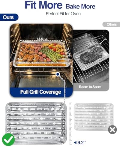 25Pcs Broiler Pans for BBQ Grill, 9x13 Grill Pan Liners with Ribbed Surface, Disposable Aluminum Foil Trays for Oven Without Hole