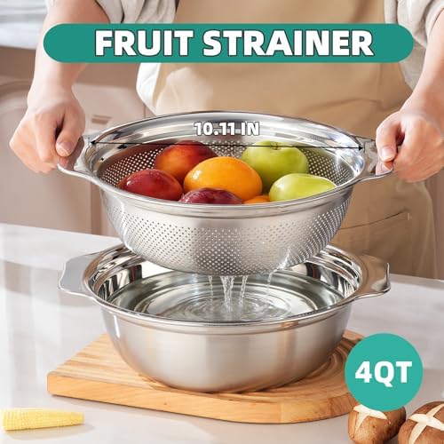 Colander for Kitchen Stainless Steel, 4QT Rice Strainer Bowl with Handle for Washing Pasta, Spaghetti, Vegetables, Fruit, Durable Use, Dishwasher Safe(2PC)