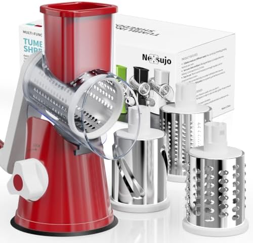 Cheese Grater Hand Crank, Rotary Cheese Shredder with 3 Interchangeable Blades for Coarse, Fine Shredding and Slicing, Strong Suction Base for Pizza, Pasta, Salad, Vegetables, Nuts, Chocolate