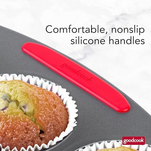 GoodCook MegaGrip 12-Cup Muffin Pan with Silicone Grip Handles Perfect for Cupcakes Durable Heavy-Gauge Steel Construction Scratch-Resistant Nonstick Coating, 15.5x10.5-Inch, Gray (Pack of 12)