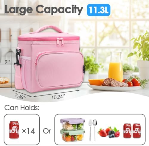FlowFly Insulated Reusable Lunch Bag Adult Large Lunch Box for Women and Men with Adjustable Shoulder Strap,Front Zipper Pocket and Dual Large Mesh Side Pockets,Pink