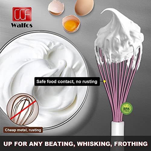 Walfos Whisk, Silicone Whisks for Cooking & Baking Non Scratch Rubber Coated Pink Whisk for Non-stick, Perfect for Frothing, Blending, Beating and Whisking (3pack Pink)