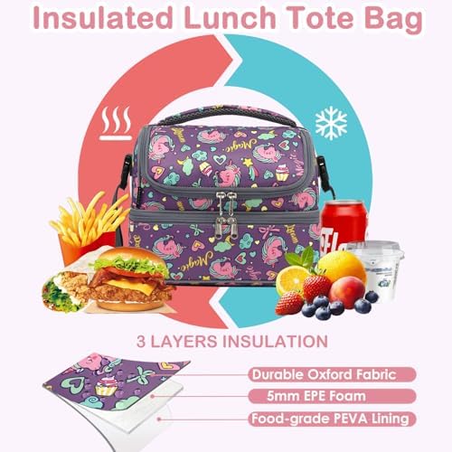 FlowFly Double Decker Cooler Insulated Lunch Bag Large Tote for Boys, Girls, Men, Women, With Adjustable Strap (Purple-Unicorn)