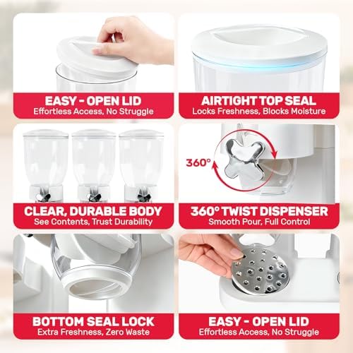 Triple Cereal Dispenser Countertop 2L, Large Capacity Total 6L