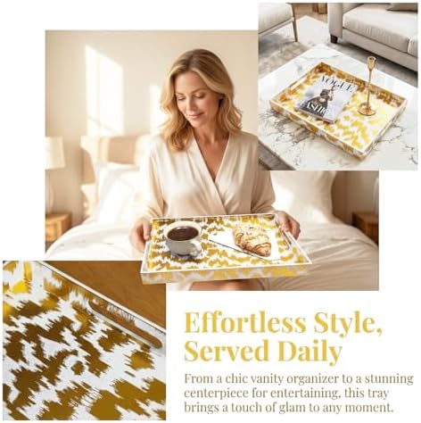 White & Gold Glitter Abstract Serving Tray with Handles, 15.8”x11.7”x1.6” Rectangular Decor Tray – Multipurpose for Breakfast in Bed, Bathroom Vanity, Living Room & Entertaining