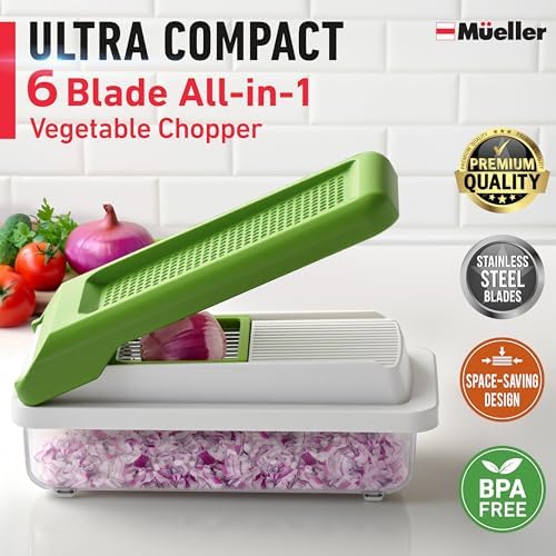 Mueller Vegetable Chopper, Mandoline Slicer, Food Veggie Chopper, Cheese Grater, Onion Vegetable Cutter with Container, Dicer, Kitchen Gadgets & Essentials, White Sand/Green