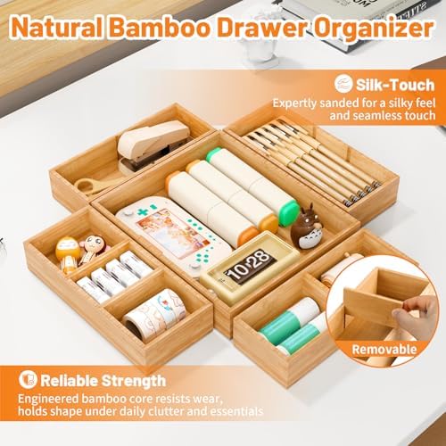 Bamboo Drawer Organizer, 10-Piece Stackable Trays with Removable Dividers