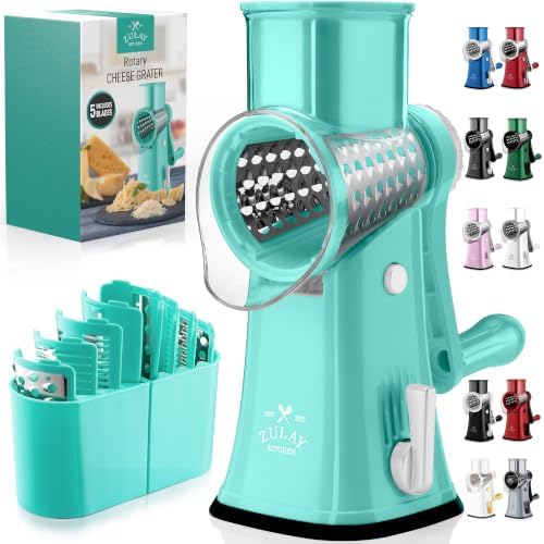 Rotary Cheese Grater Manual Hand Crank 5 Blade Shredder, Teal