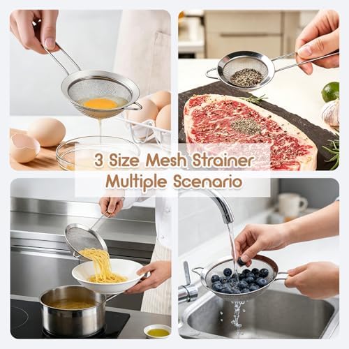 Fine Mesh Strainer Set of 3, Stainless Steel Sieve Sifters with handle, Medium Small Mini Size, Kitchen Strainers Colander Set for Sifting, Straining & Cooking(2.2"/3.9"/5.5")