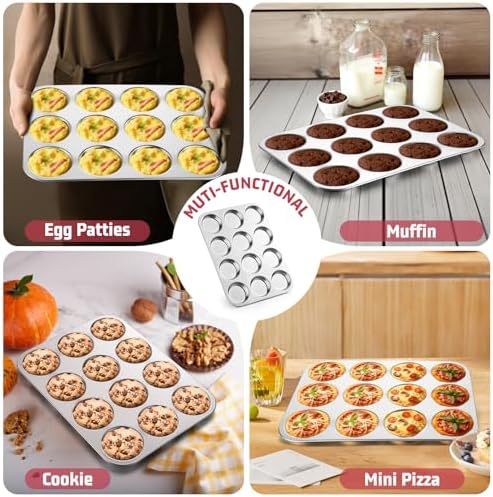 E-far 2 Pack Muffin Top Pan, 12-Cavity Stainless Steel Shallow Cupcake Pan